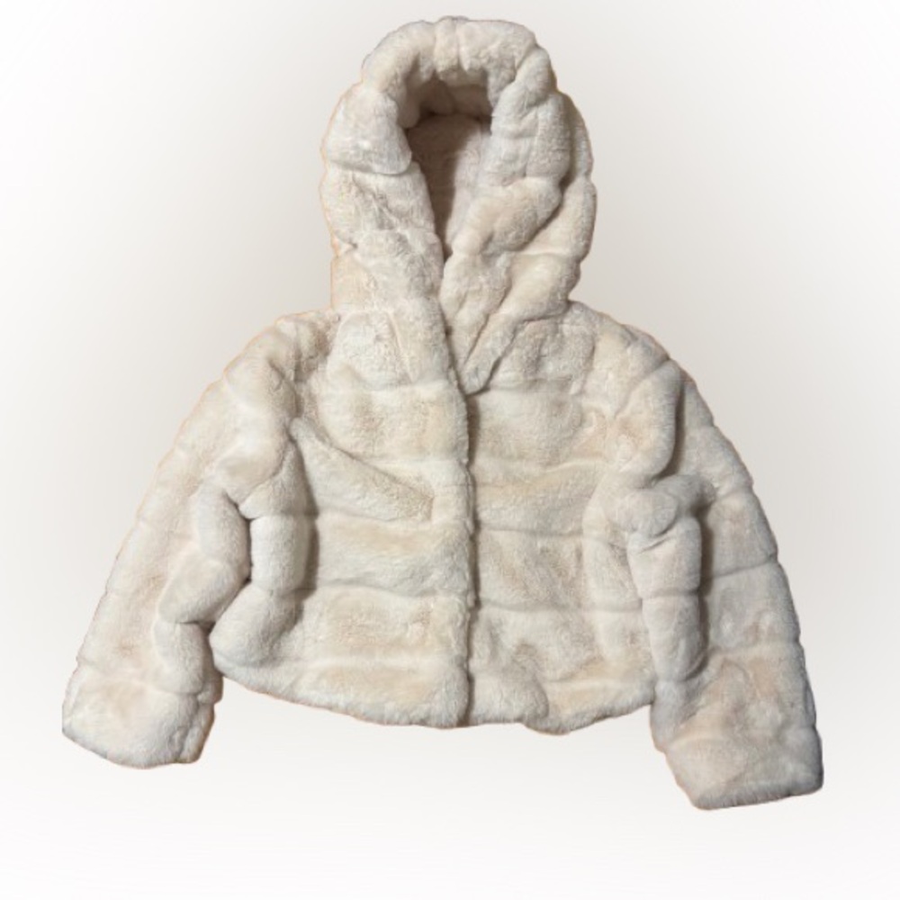 APPARIS NWOT Faux Fur Ivory White Crop Jacket with Hood Hoodie Furry Fuzzy Coat